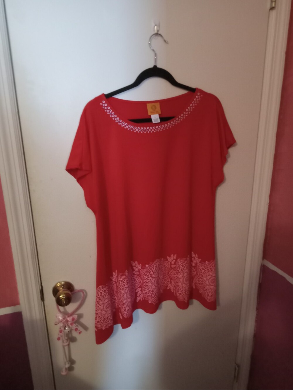 Women's L Red Pink Floral Design Short Sleeve Tunic Blouse